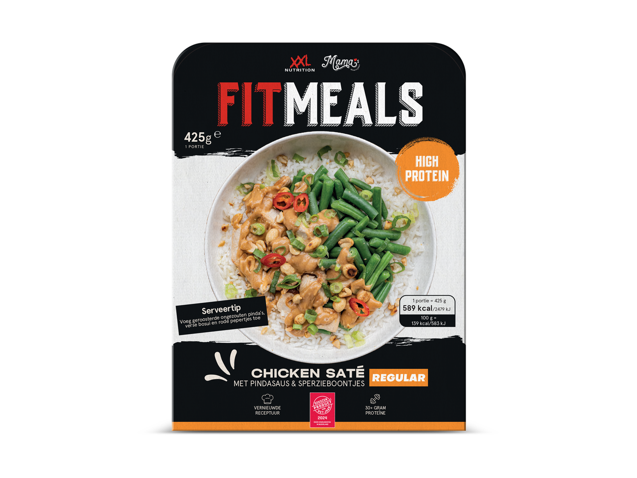 Kant-en-klare maaltijd met kip saté, pindasaus, sperziebonen en rijst, 425g, 589 kcal, 30+ gram proteïne.