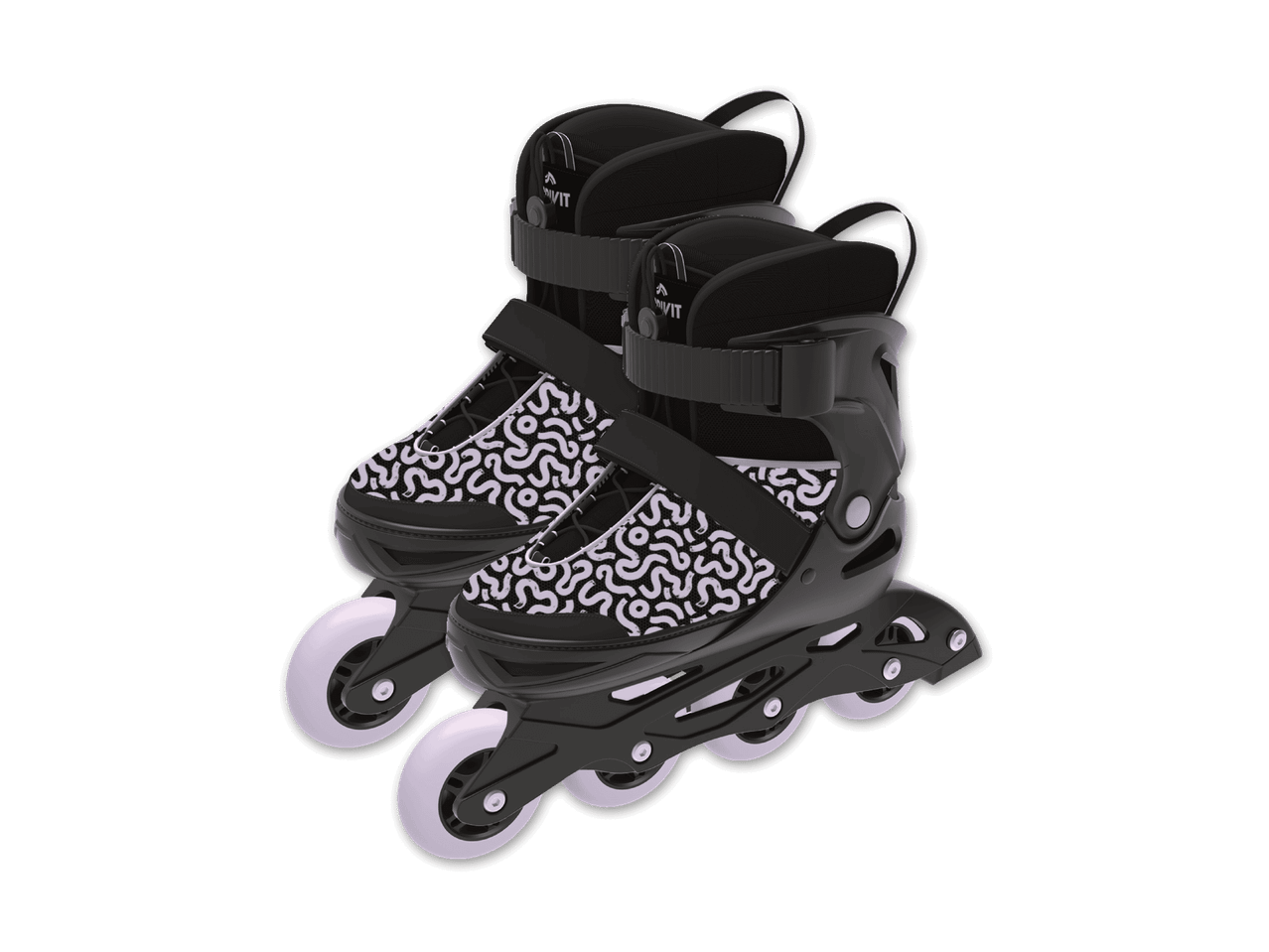 Ein Paar schwarze Rollschuhe mit grauem Muster.