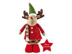 Livarno home Deko-Rentier: plīša ziemeļbriedis sarkanā apģērbā un zaļā cepurē, turot zvaigzni ar uzrakstu „Merry Christmas“.