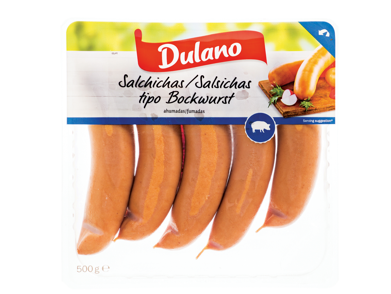 Embalagem de salsichas tipo Bockwurst fumadas com sugestão de servir.