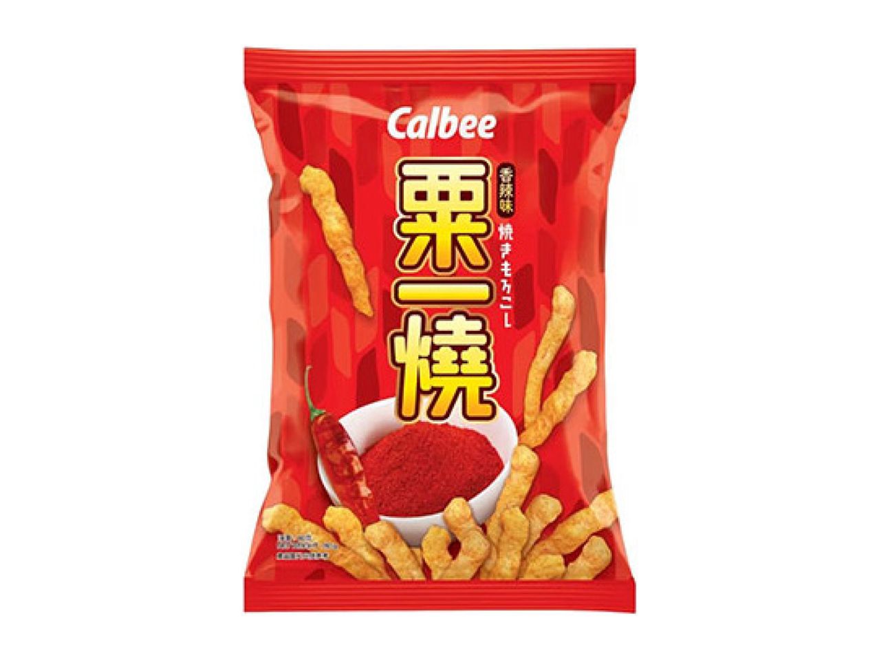 Red bag of spicy chili snacks with a bowl of chili powder and a red chili pepper.