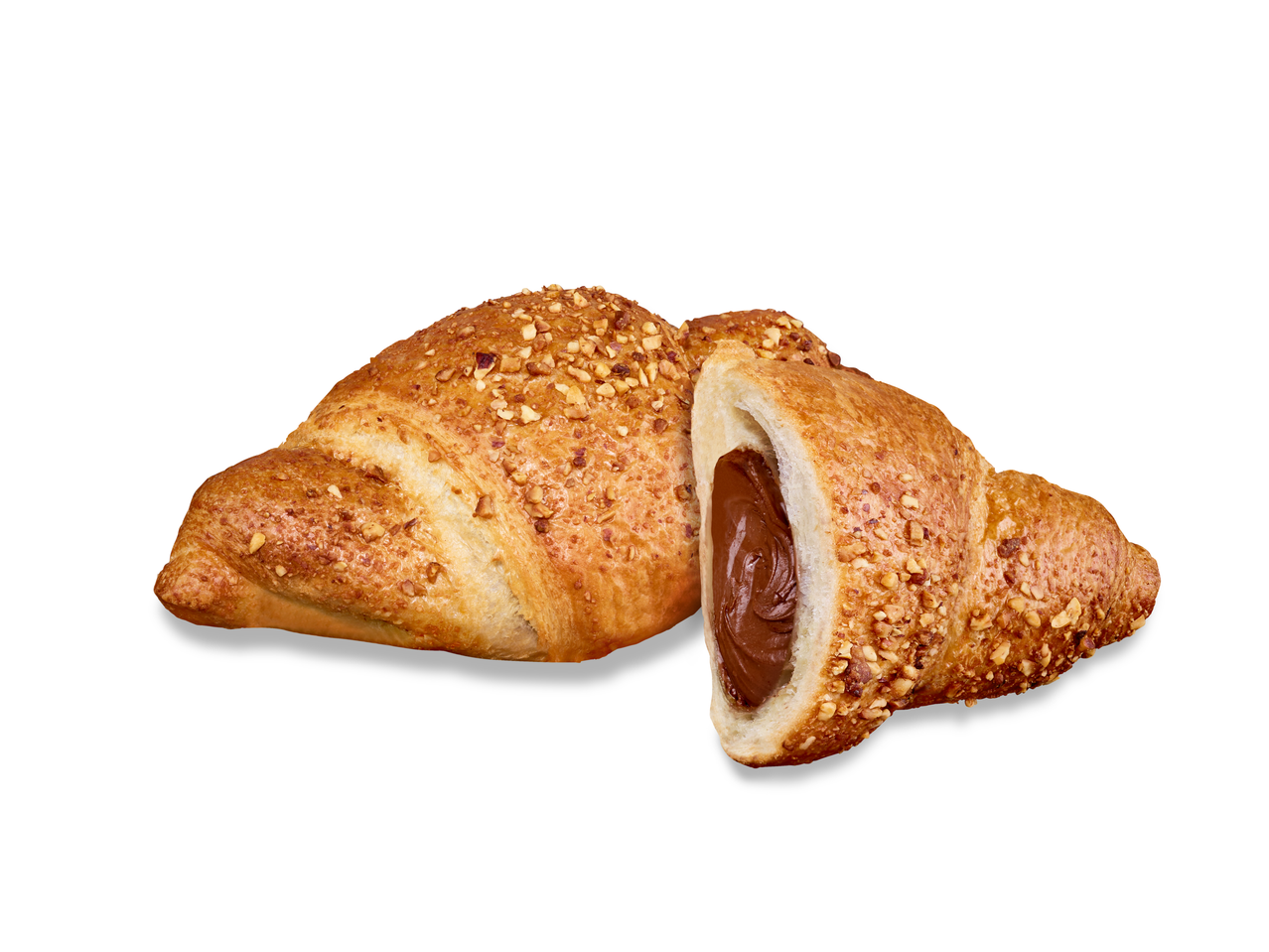 Zwei mit Schokoladencreme gefüllte Croissants mit gehackten Nüssen.