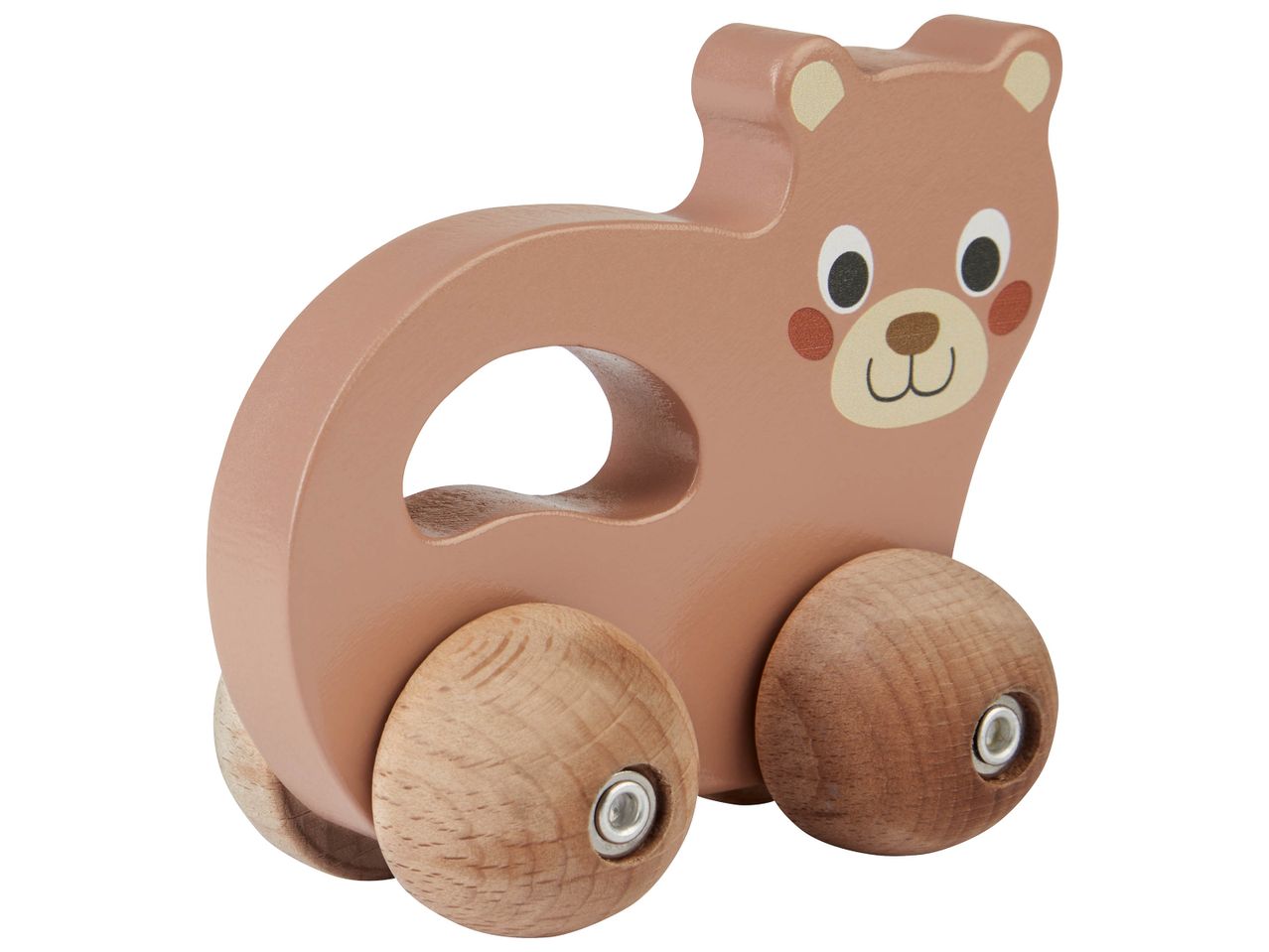 Jouet en bois pour bébé en forme d'ours sur roulettes.