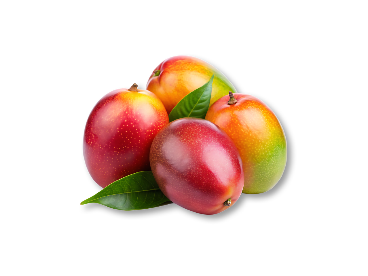 Купчина от четири манго с листа на черен фон.