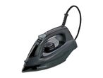 Dark grey steam iron with a textured handle and a black power cord.