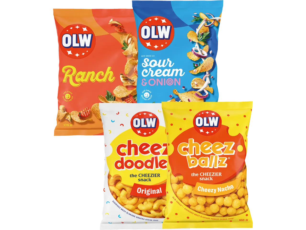 OLW snacks: Ranch, Sour Cream & Onion, Chee Doodle och Cheese Balls.