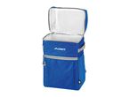 Open blue cooler backpack with a geometric pattern and a mesh pocket inside the lid.