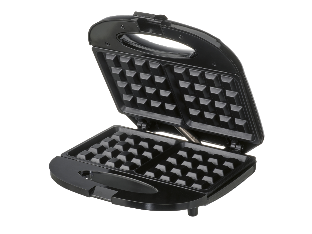 Open black waffle maker, ready to cook.