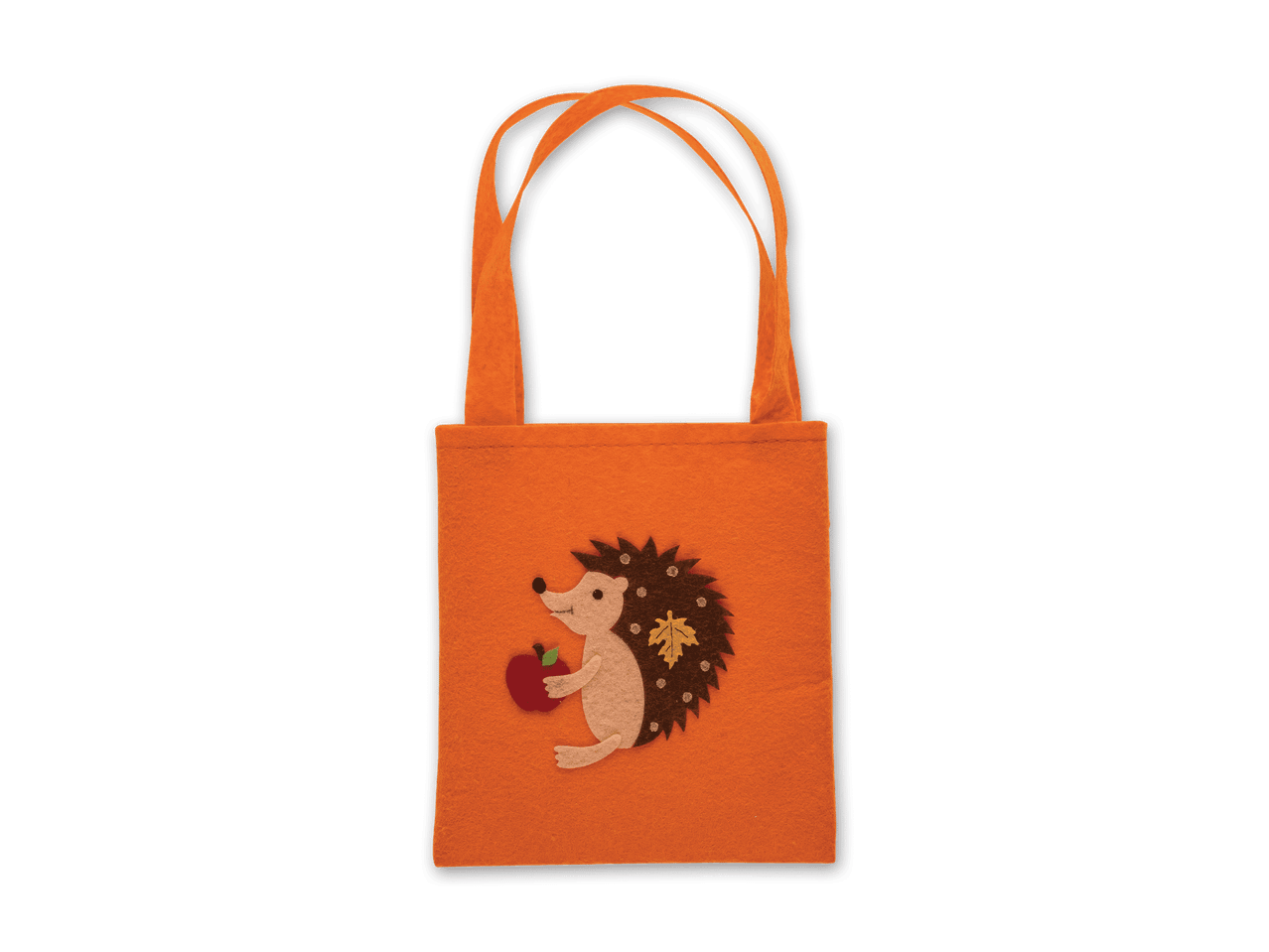 Orangefarbene Filztasche mit Igel- und Apfelmotiv