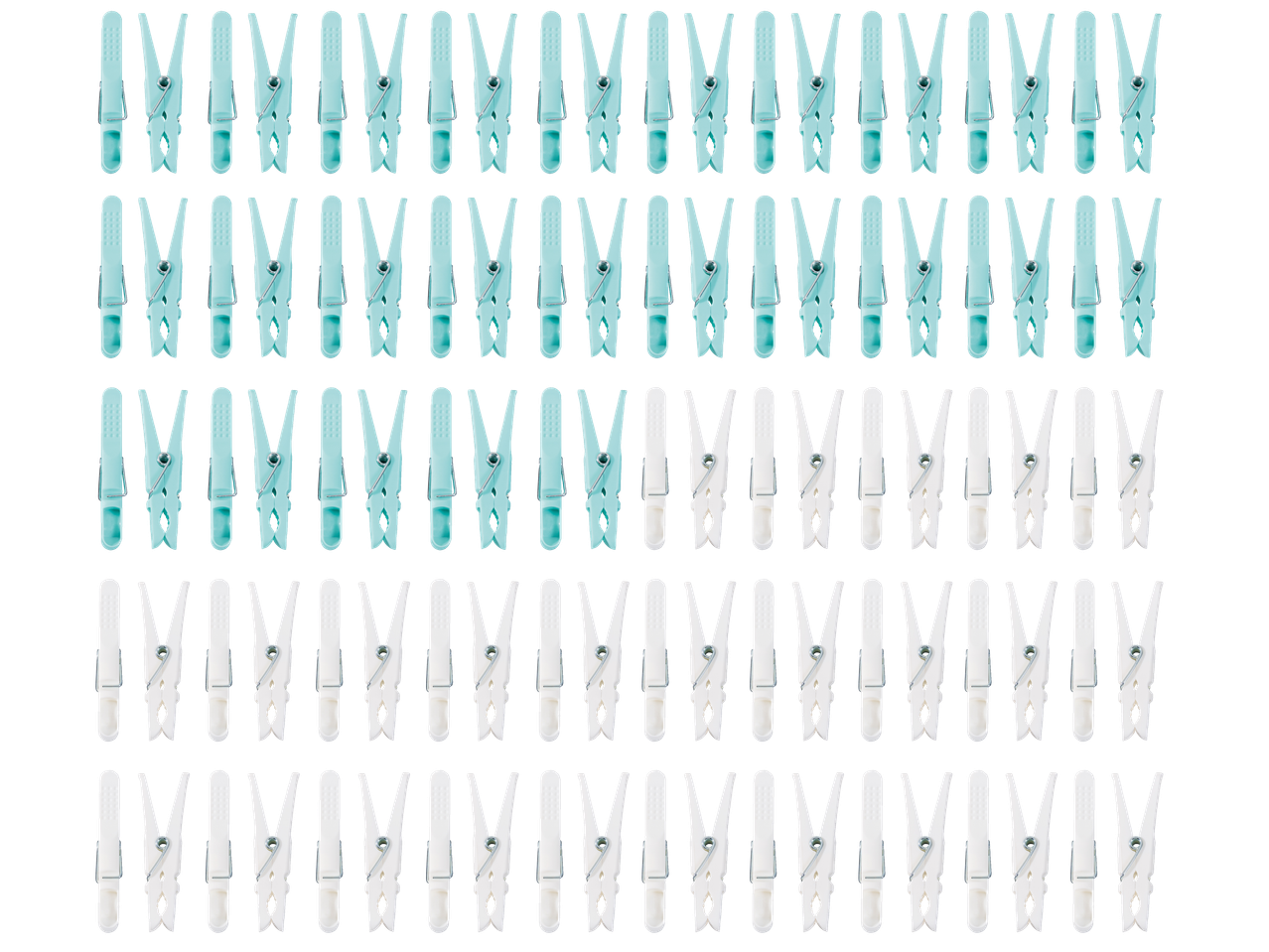 Molas de roupa W5 em azul claro e branco, dispostas em filas sobre um fundo preto.