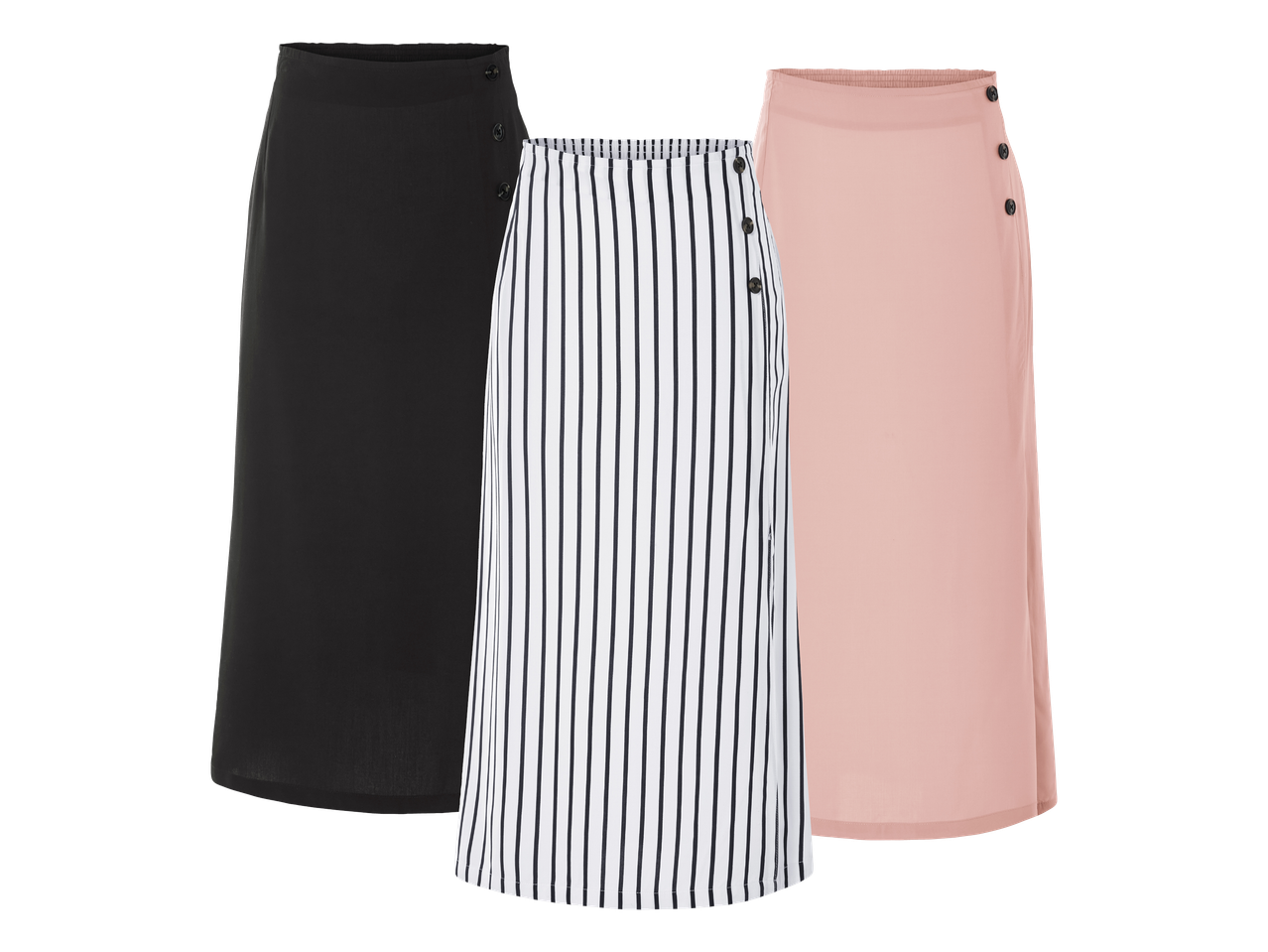 Tri suknje: crna, prugasta (crno-bijela) i ružičasta, sve s ukrasnim gumbima.