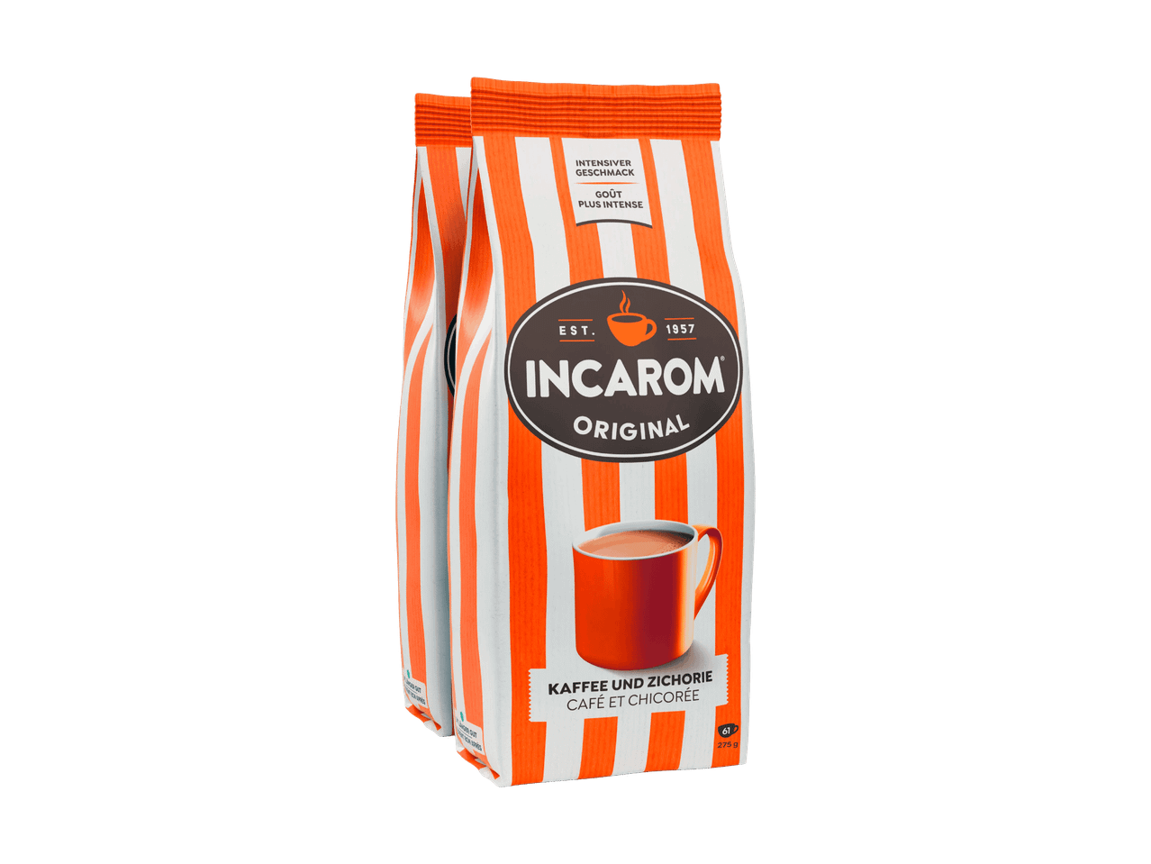 Zwei Packungen Kaffee und Zichorie mit orange-weißen Streifen und einer Tasse Kaffee.