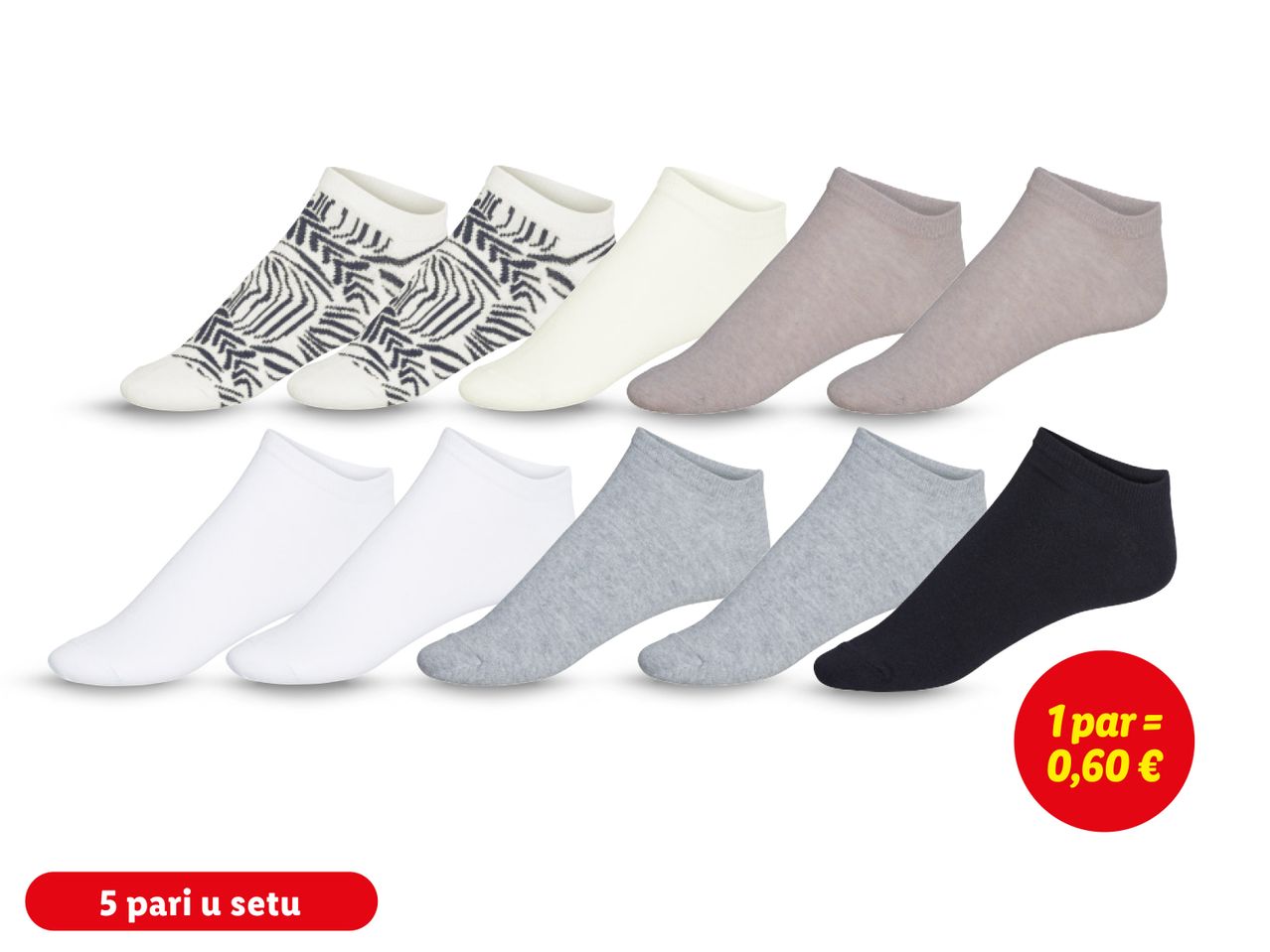 Set od 5 pari ženskih čarapa: bijele, sive, bež i s uzorkom zebre.