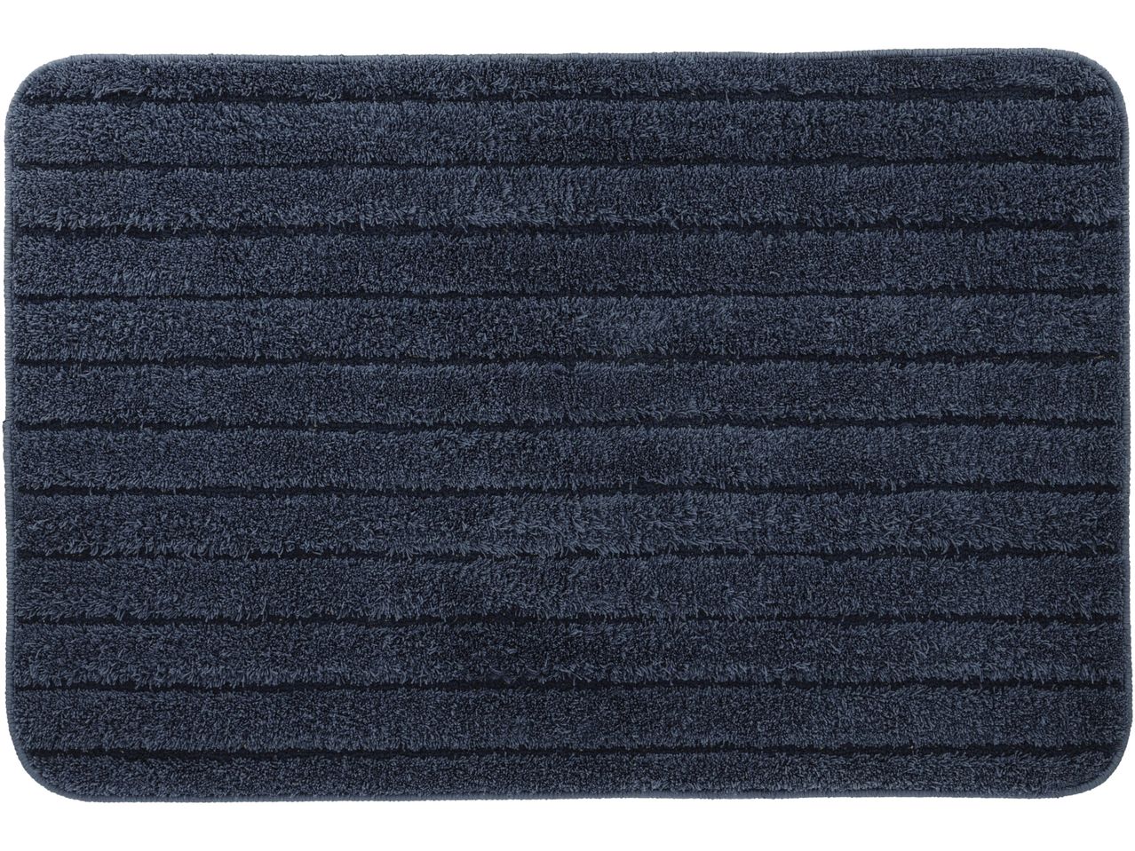 Tappetino da bagno blu scuro a righe.