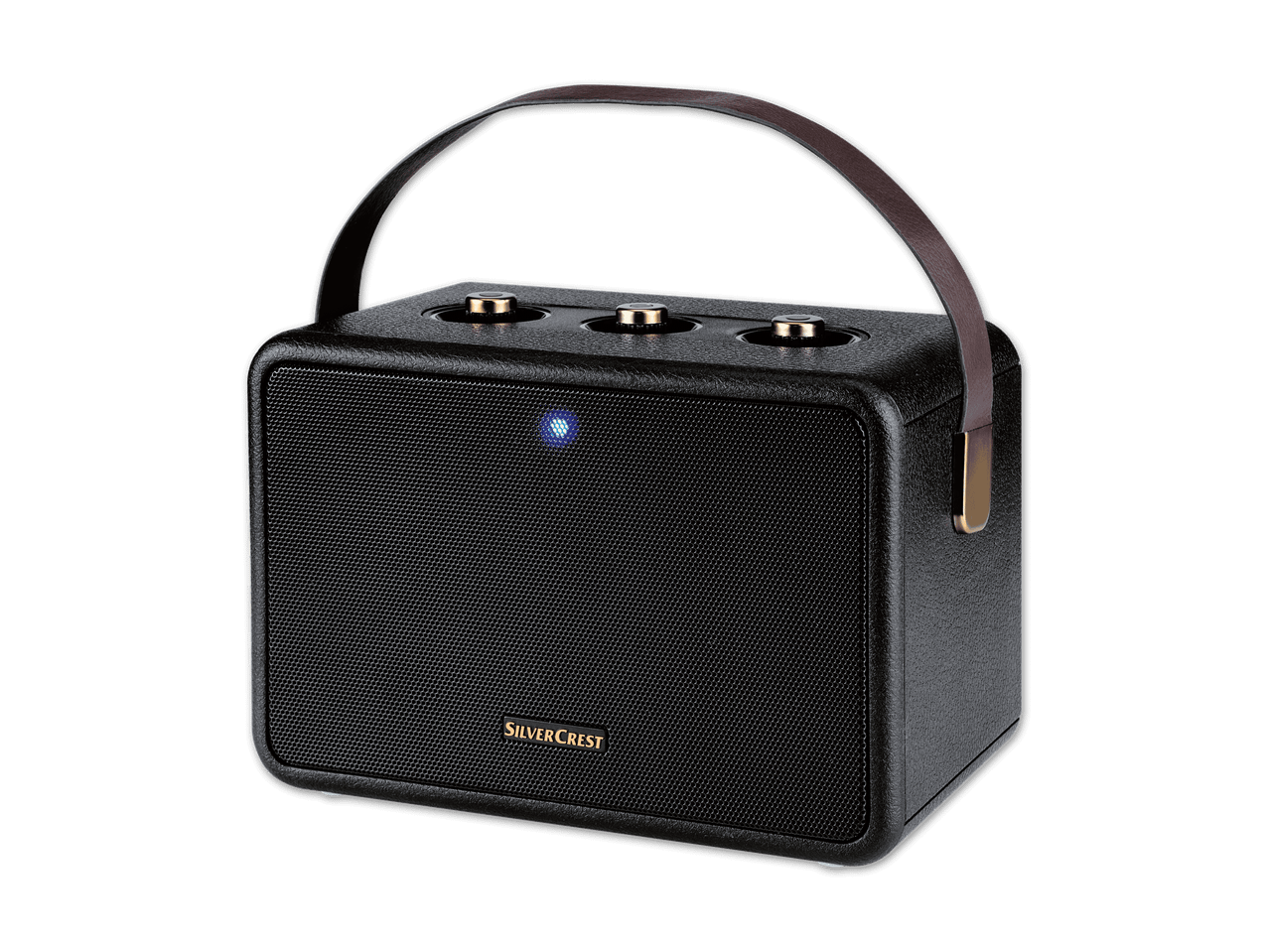 Schwarzer SilverCrest Bluetooth-Lautsprecher mit Tragegriff und goldenen Knöpfen