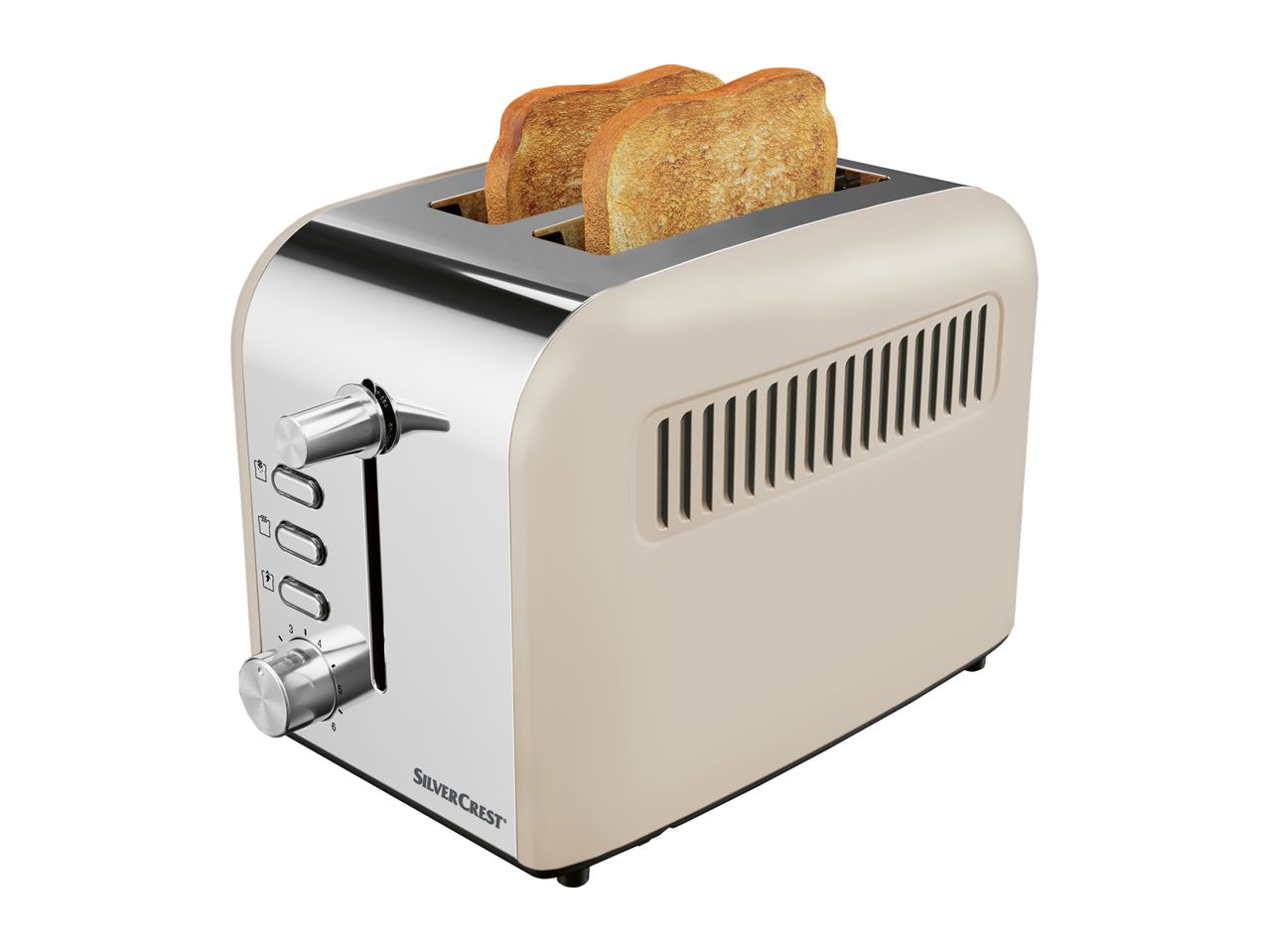 A cream-colored two-slice toaster with chrome accents.