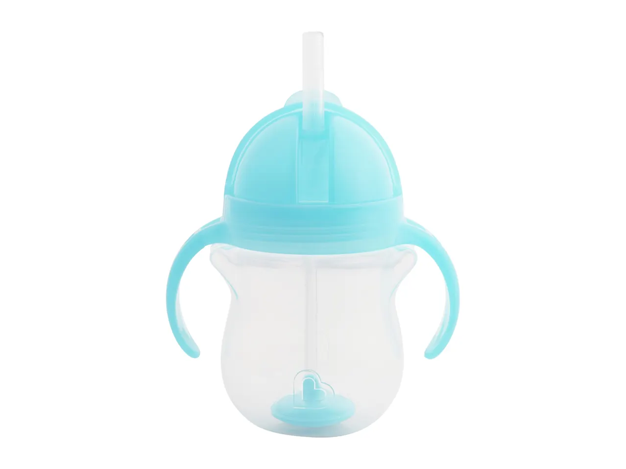 Light blue baby sippy cup with handles and a straw, on a white background.