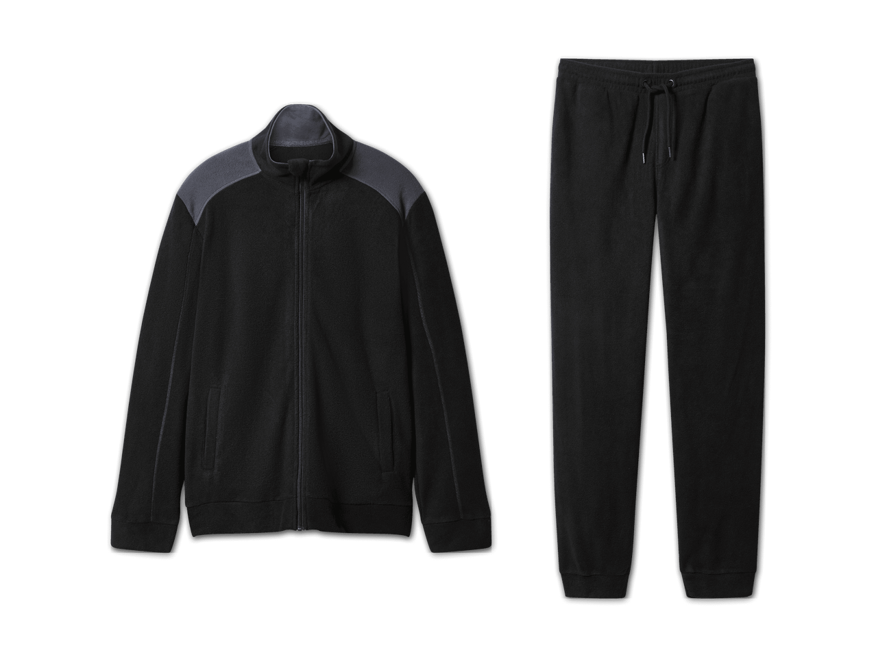 Schwarzer Fleece-Trainingsanzug mit Reißverschlussjacke und Jogginghose