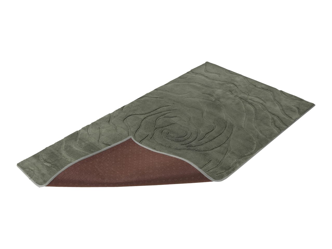 Green bath mat with a textured swirl pattern and a non-slip brown backing