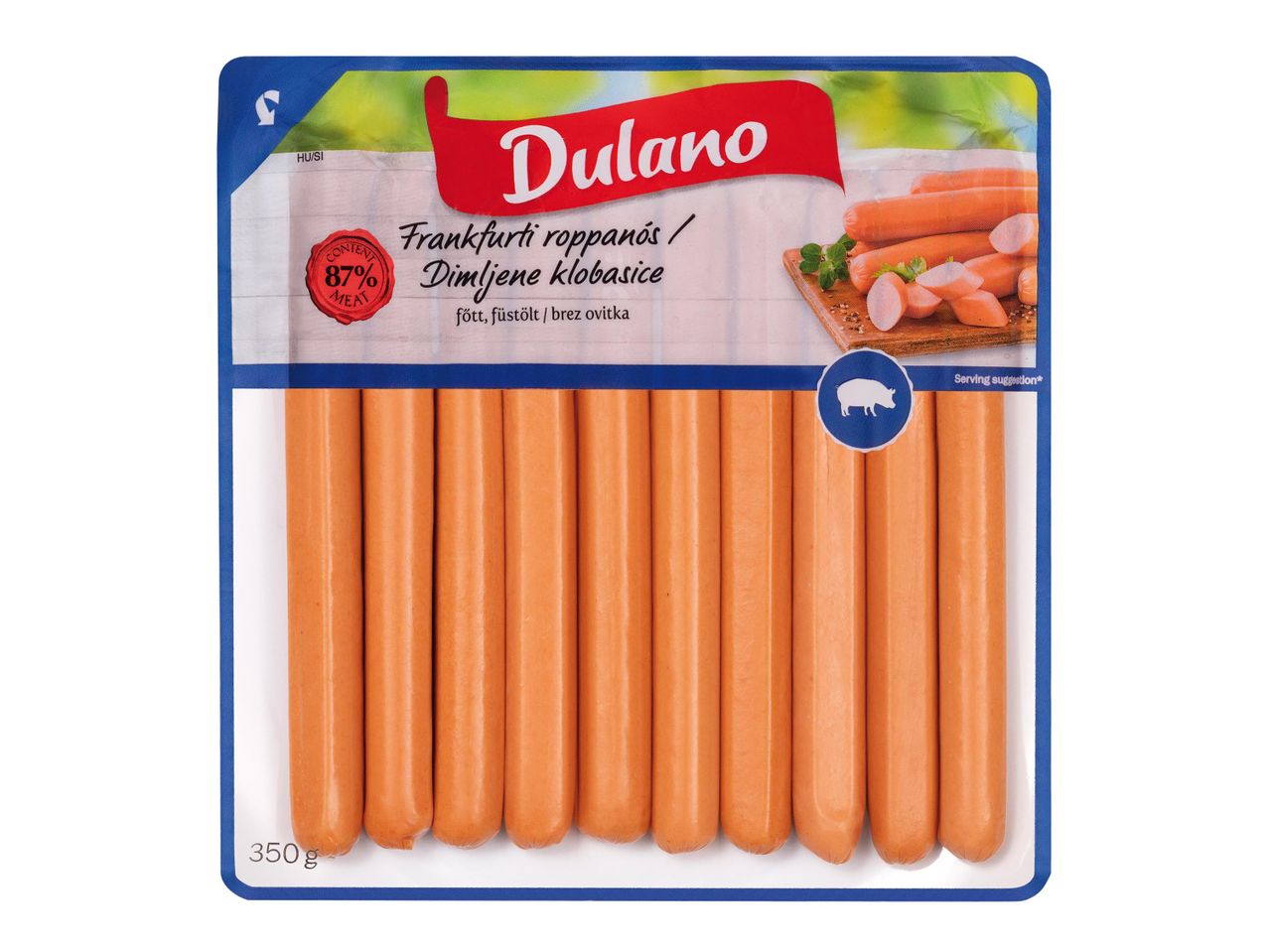 Dulano frankfurti virsli csomagolás, 87% hústartalommal