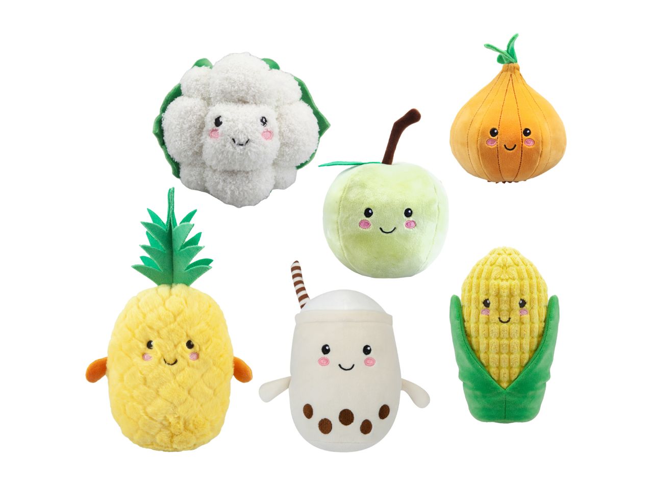 Adorable plush toys shaped like fruits and vegetables, including a pineapple, cauliflower, and boba tea.