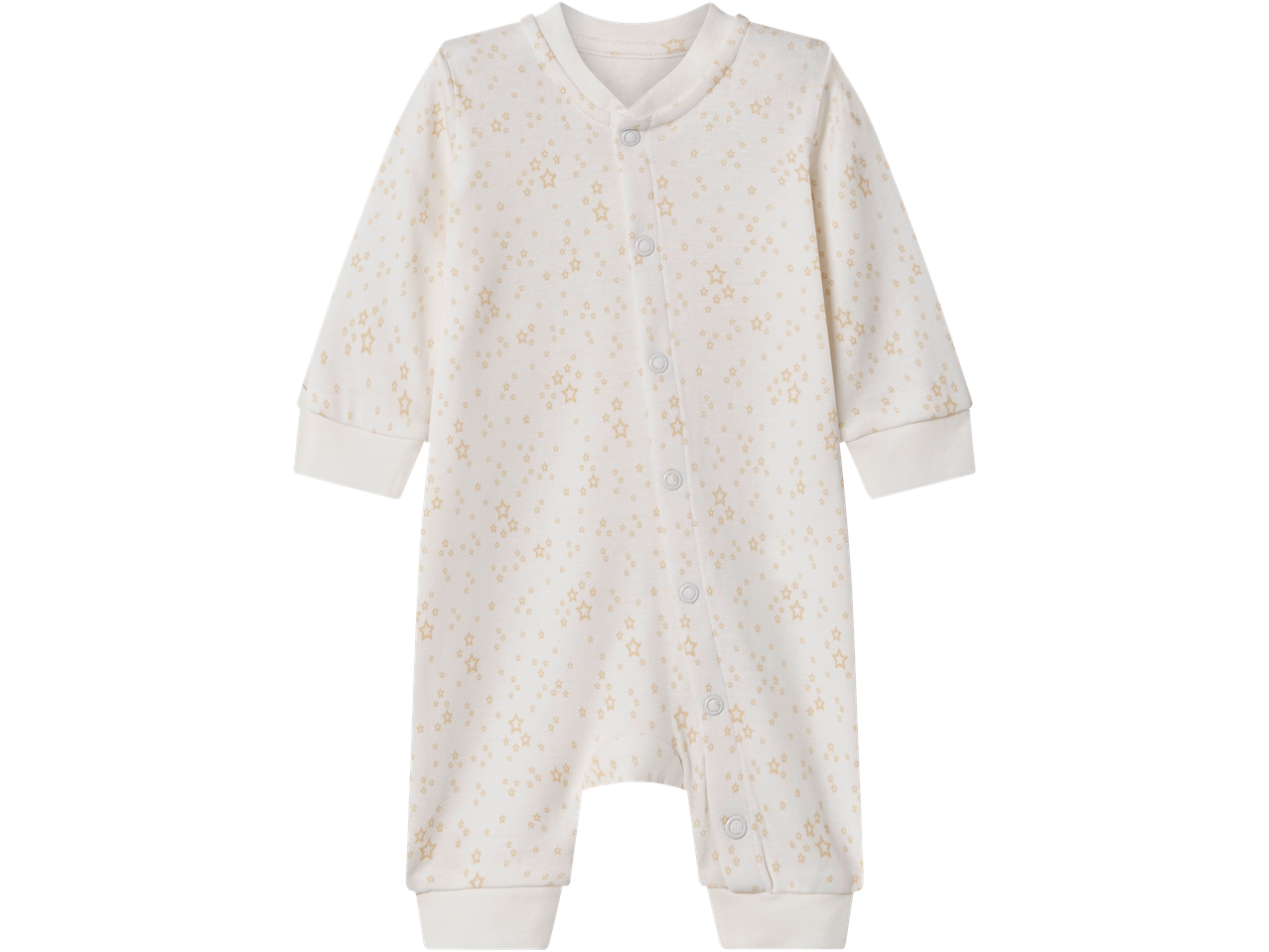 Bijela dječja pidžama s uzorkom zlatnih zvijezda i drukerima.
