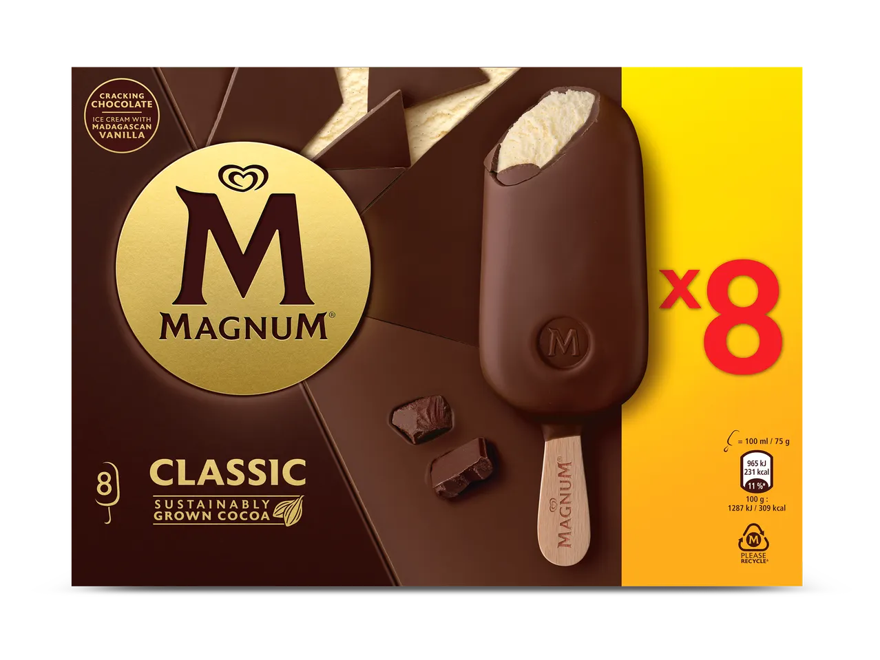 Doos met 8 klassieke vanille-ijsjes met krakende chocoladecoating.