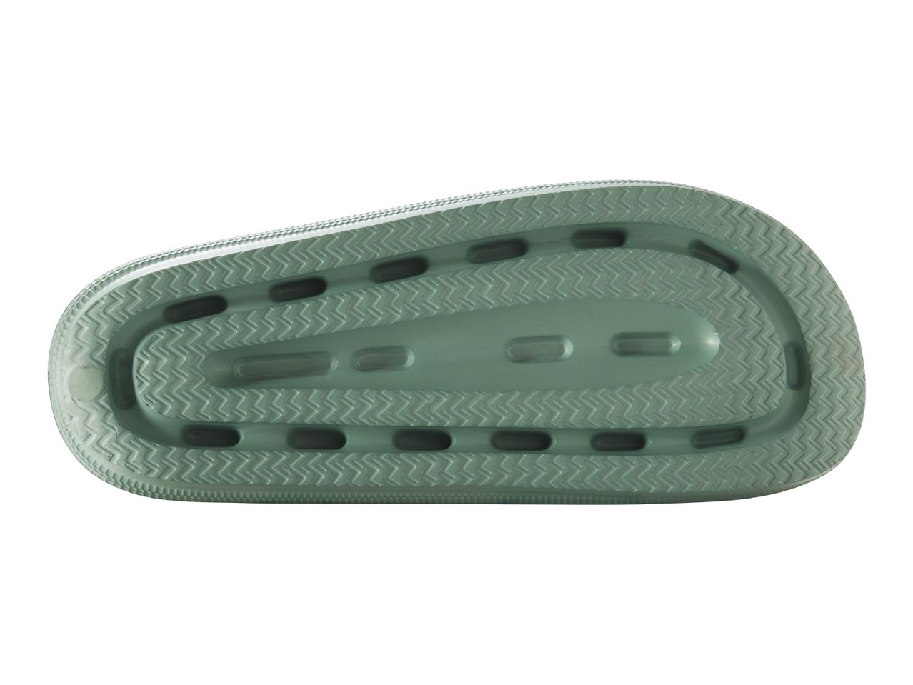 Bottom view of a green slipper with a textured sole and drainage holes.