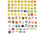 Adesivos de emoji, incluindo várias expressões, objetos e mensagens positivas.