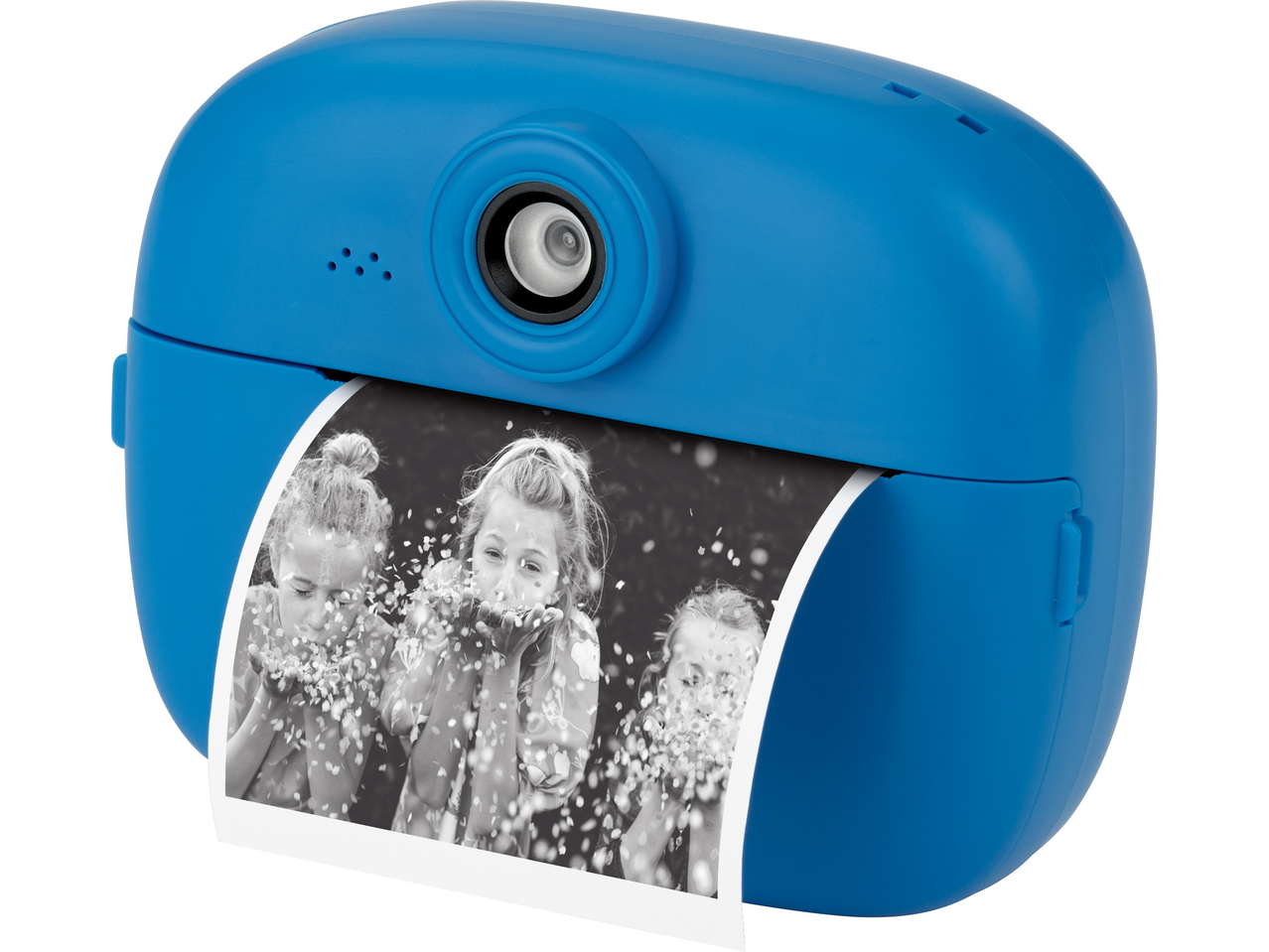 Blue instant camera printing a black and white photo of children blowing confetti