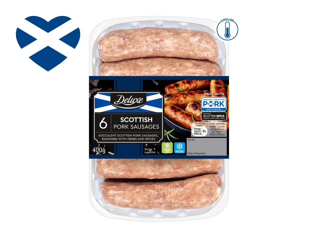 Pack of 6 Scottish pork sausages, 400g, seasoned with herbs and spices, chilled and freezable.