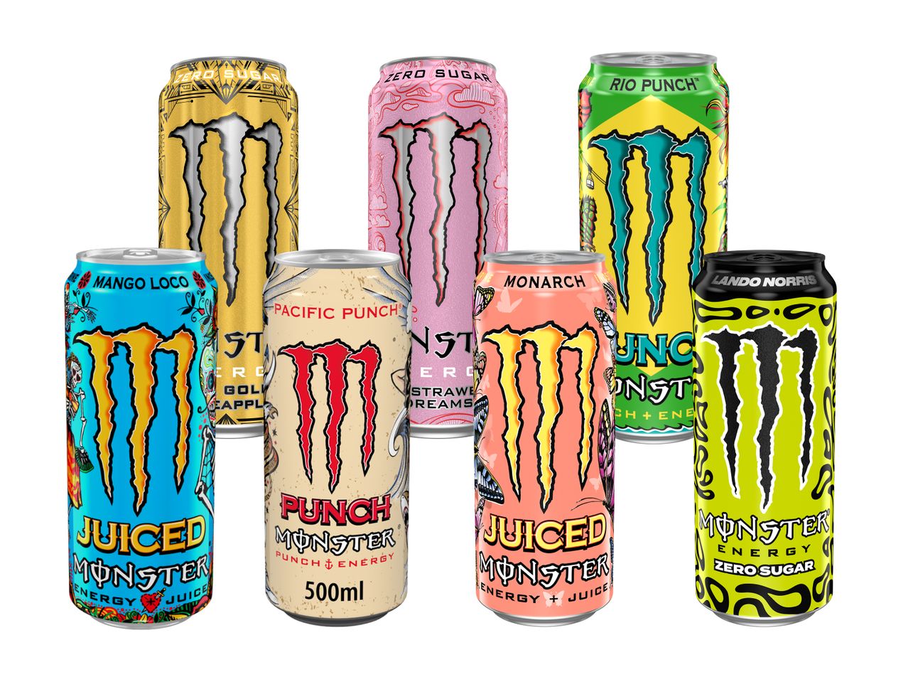 Seitse Monster Energy joogipurki erinevate maitsete ja kujundustega.