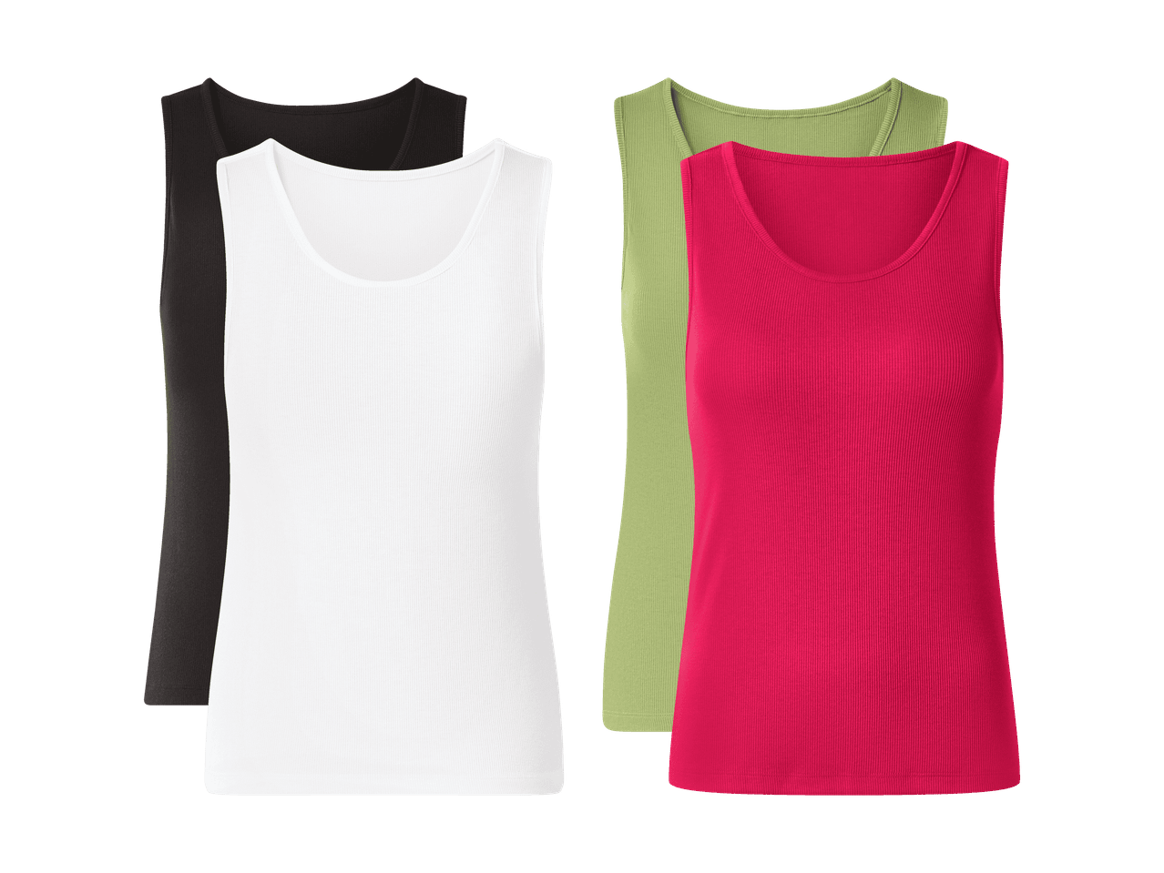 Quatre débardeurs côtelés pour femmes en blanc, noir, vert et rose.