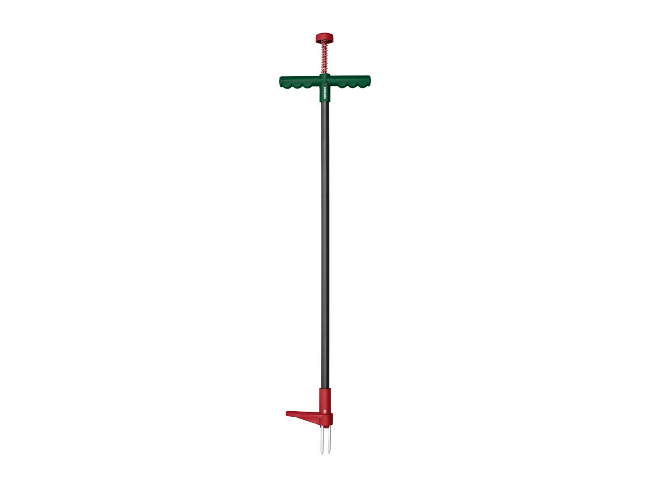 Weed puller with a long handle, green grip, and red foot pedal.