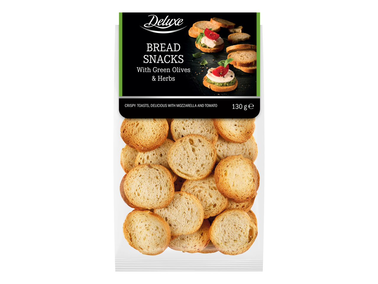 Paquet de croûtons aux olives vertes et herbes, avec des toasts croustillants.