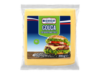 Paquet de tranches de fromage Gouda pour burgers et toasts, avec un burger en illustration.