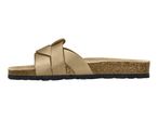 Gold-colored women's slide sandal with a cork footbed and black sole.