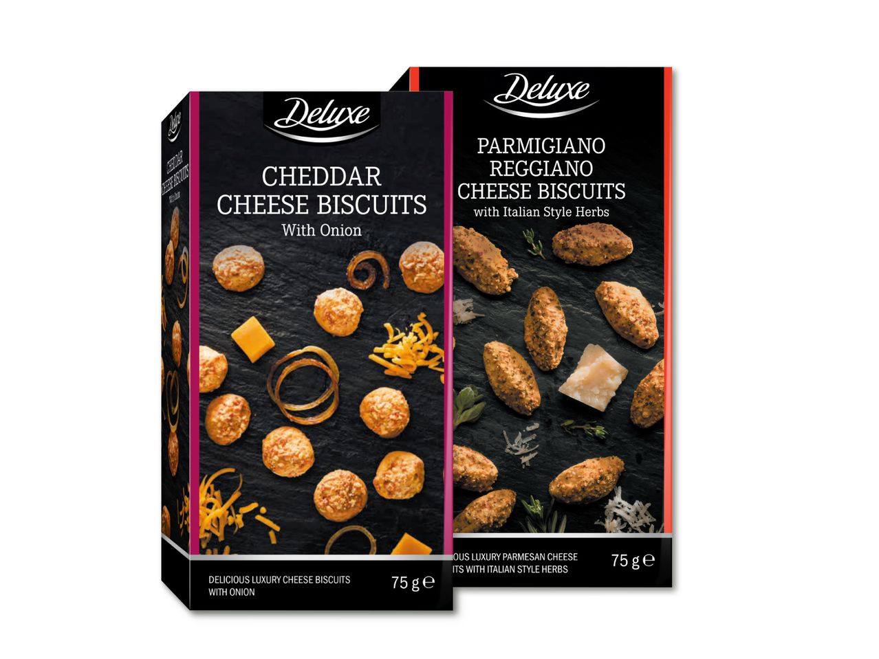 Divas Deluxe siera cepumu kastes: Čedaras ar sīpoliem un Parmigiano Reggiano ar itāļu garšvielām.