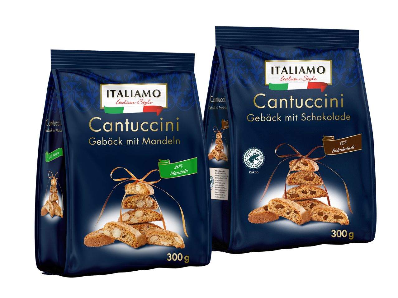 Zwei Packungen De Cecco Cantucci-Kekse.