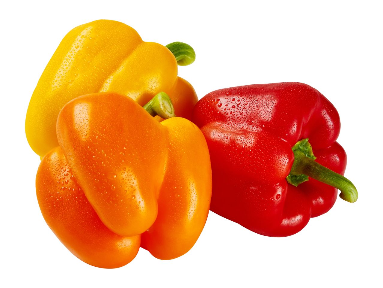 Fresh red, orange, and yellow bell peppers with water droplets.