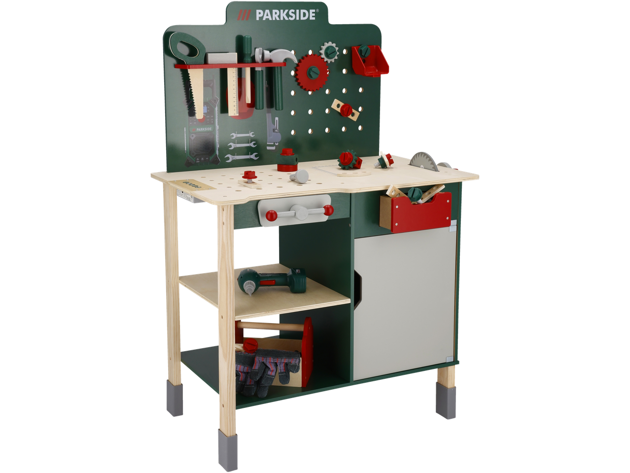 A green and natural wood toy workbench with various tools, including a saw, hammer, and drill.