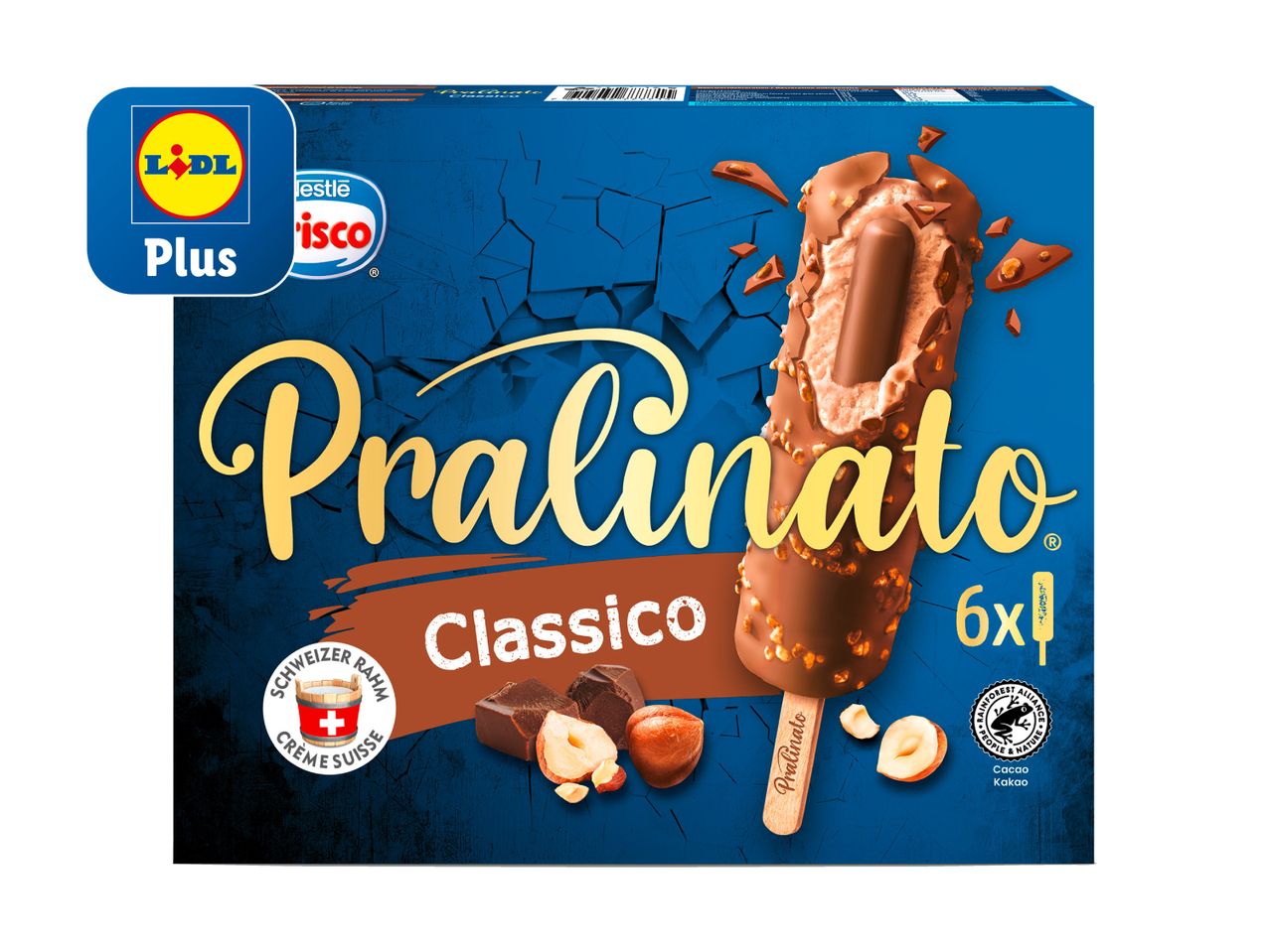 Boîte de 6 glaces Pralinato Classic au chocolat et aux noisettes.