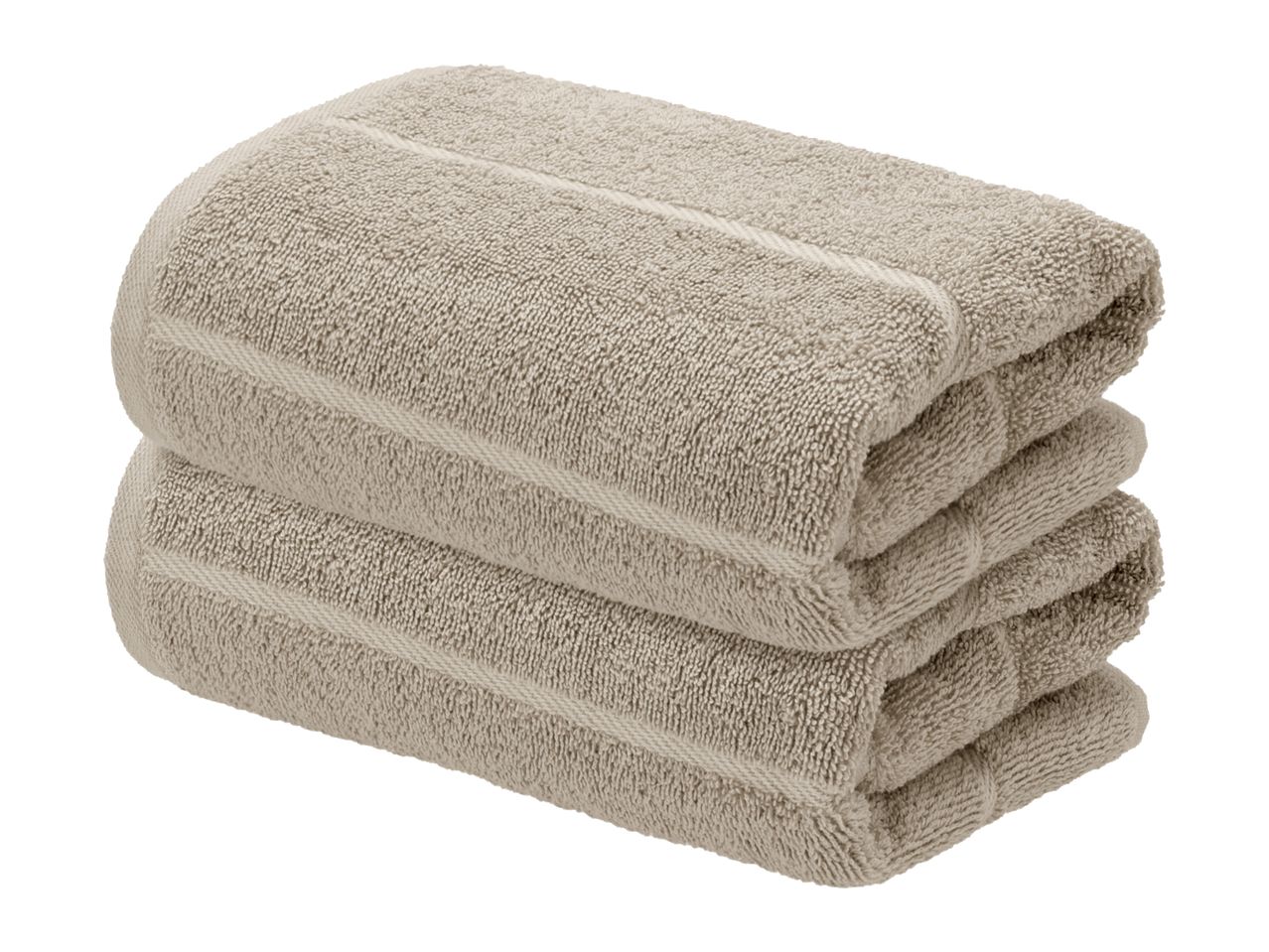 Two neatly folded beige towels stacked on top of each other.