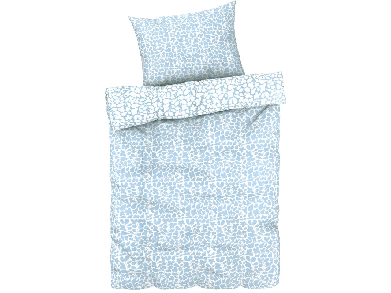 Син спален комплект с десен на листа, включващ плик за завивка и калъфка за възглавница.