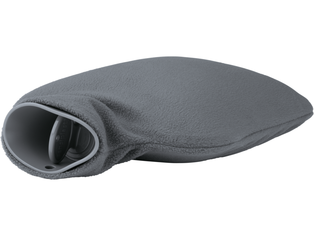 Sensitast karšto vandens butelis su pilku vilnoniu užvalkalu.