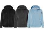 Tre zip-up hoodies i svart, grått och ljusblått.