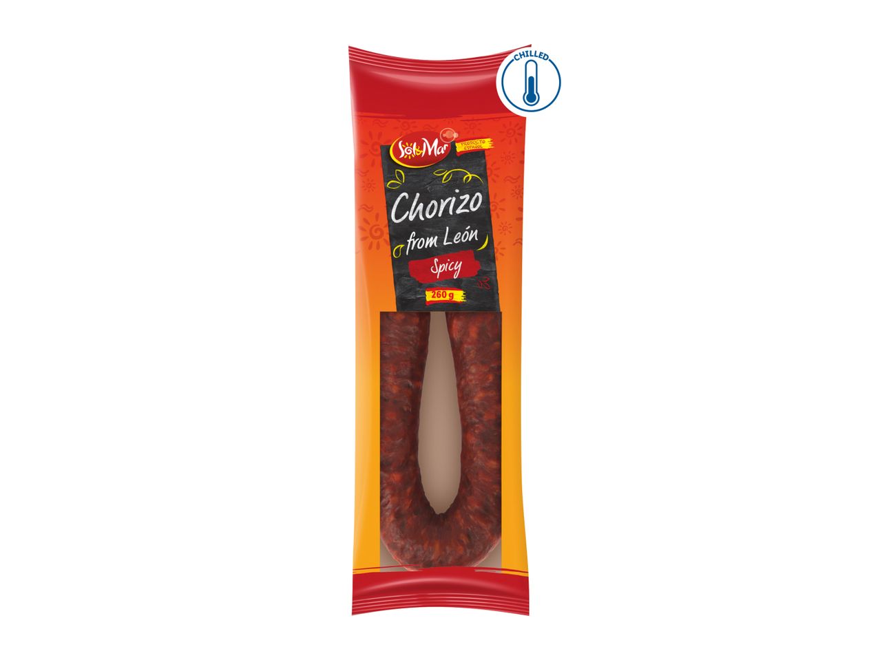 Spicy chorizo from León in a red and orange package, labeled as chilled.