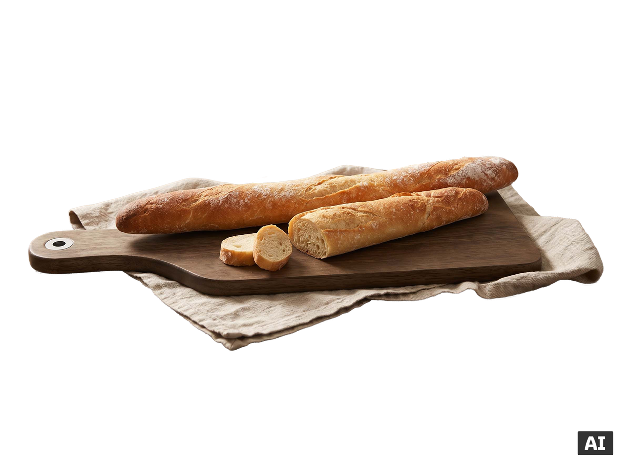 Friss, ropogós bagettek egy fa vágódeszkán tálalva.