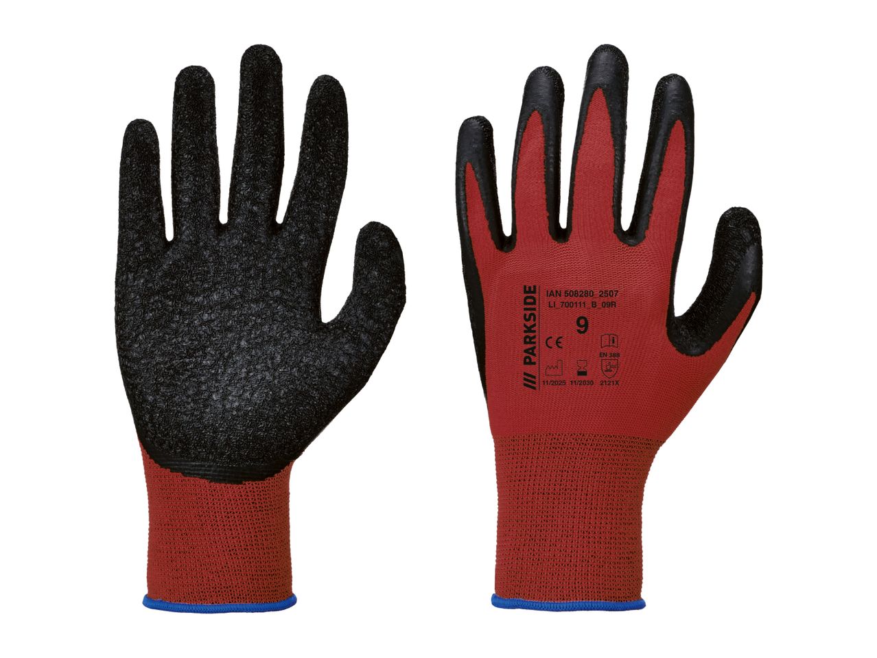 Pair of red and black work gloves with textured palms and safety certifications.