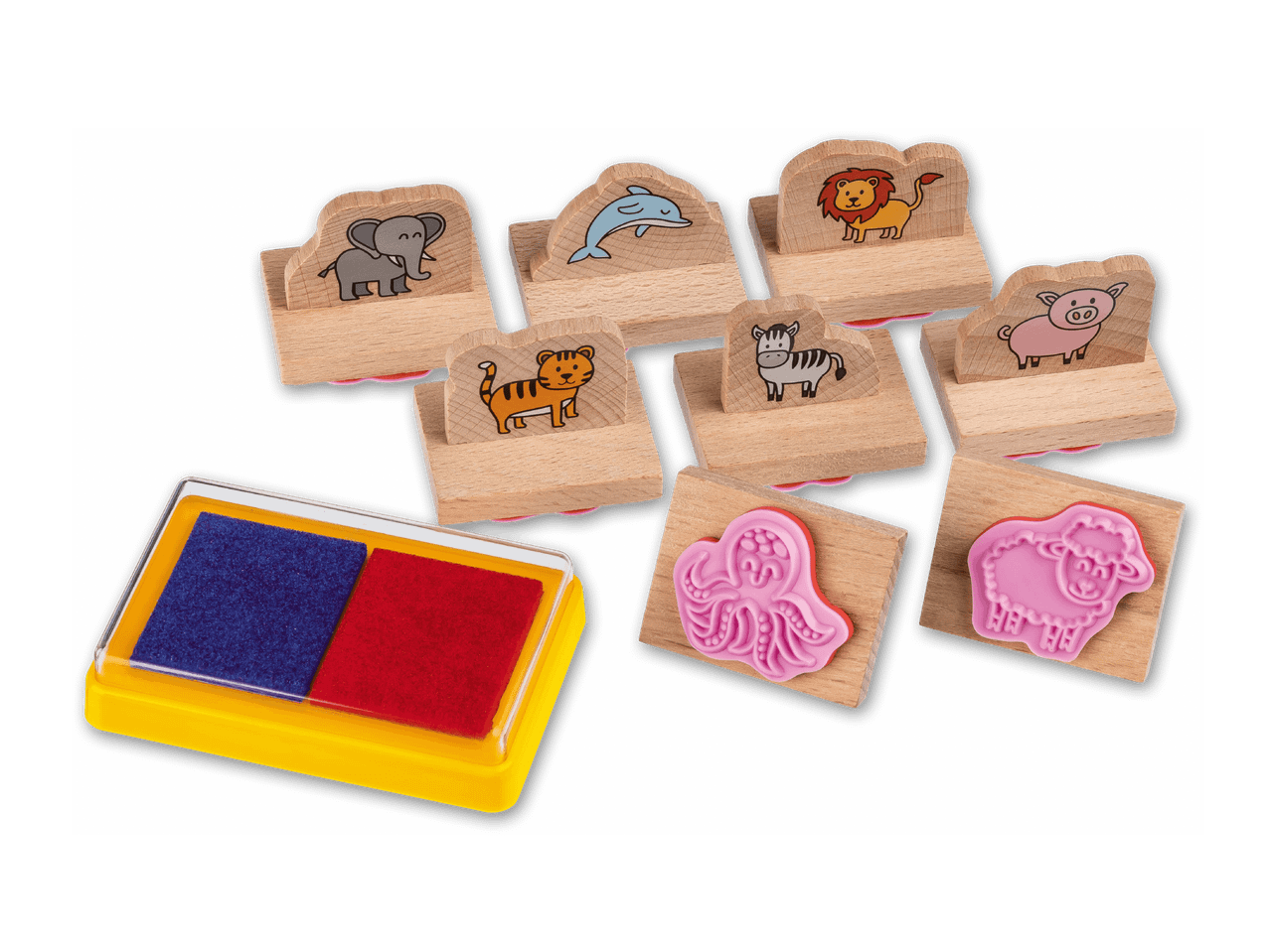 Tierstempel-Set mit Stempelkissen, darunter Elefant, Delfin, Löwe, Schwein, Tiger, Zebra, Krake und Schaf.